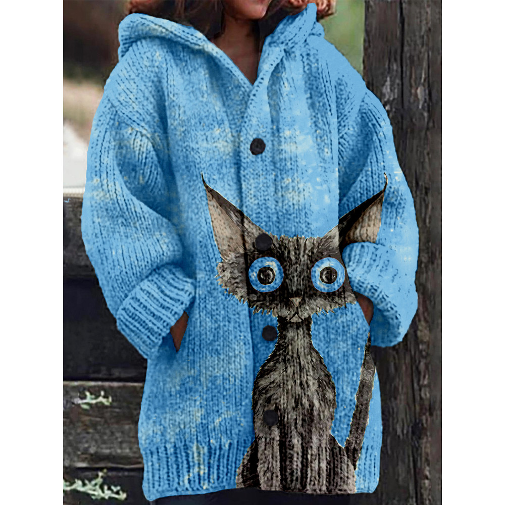 Lovely Black Cat Pattern Cozy Hooded Knit Cardigan