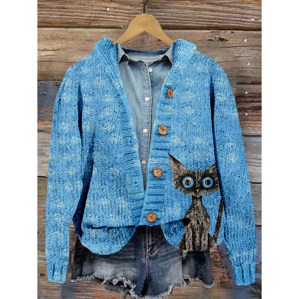 Lovely Black Cat Pattern Vintage Cozy Cardigan