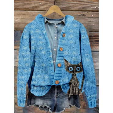 Lovely Black Cat Pattern Vintage Cozy Cardigan