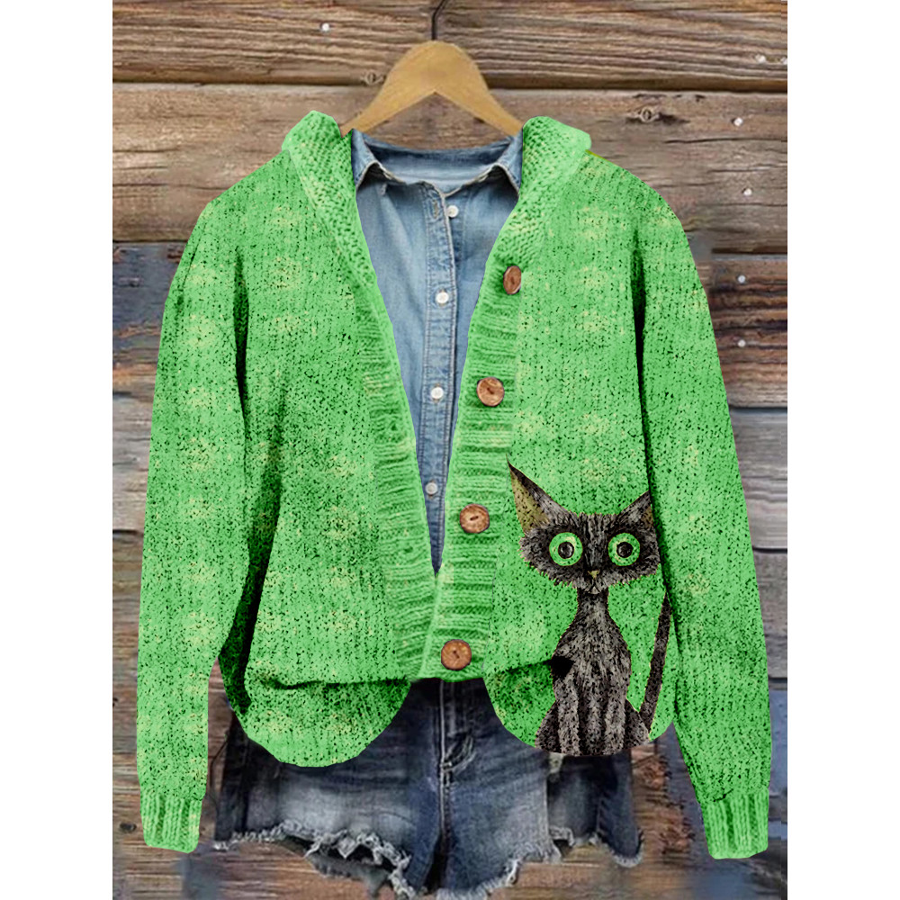 Lovely Black Cat Pattern Vintage Cozy Cardigan