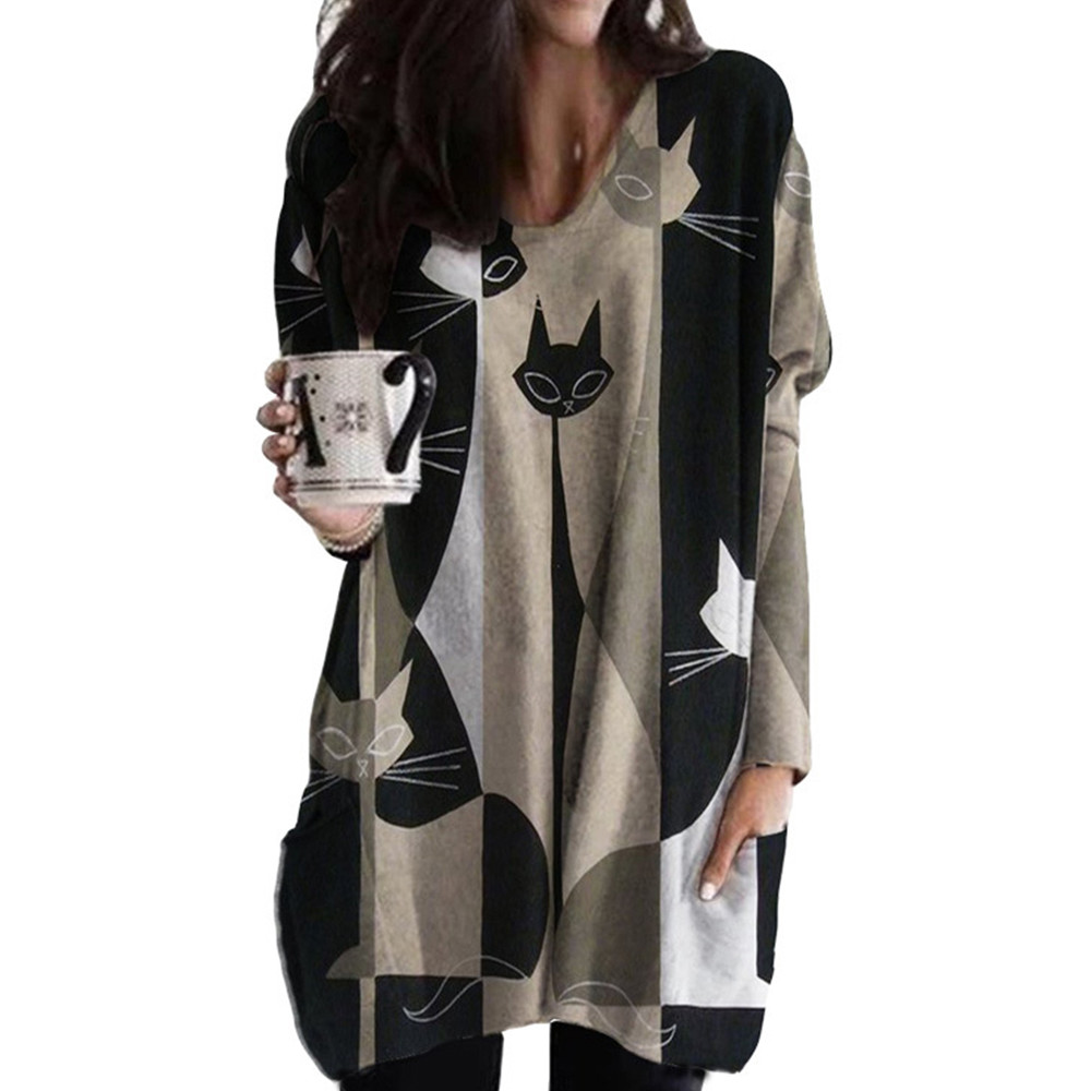 Lovely Black Cat Printed Long-Sleeve Tunic