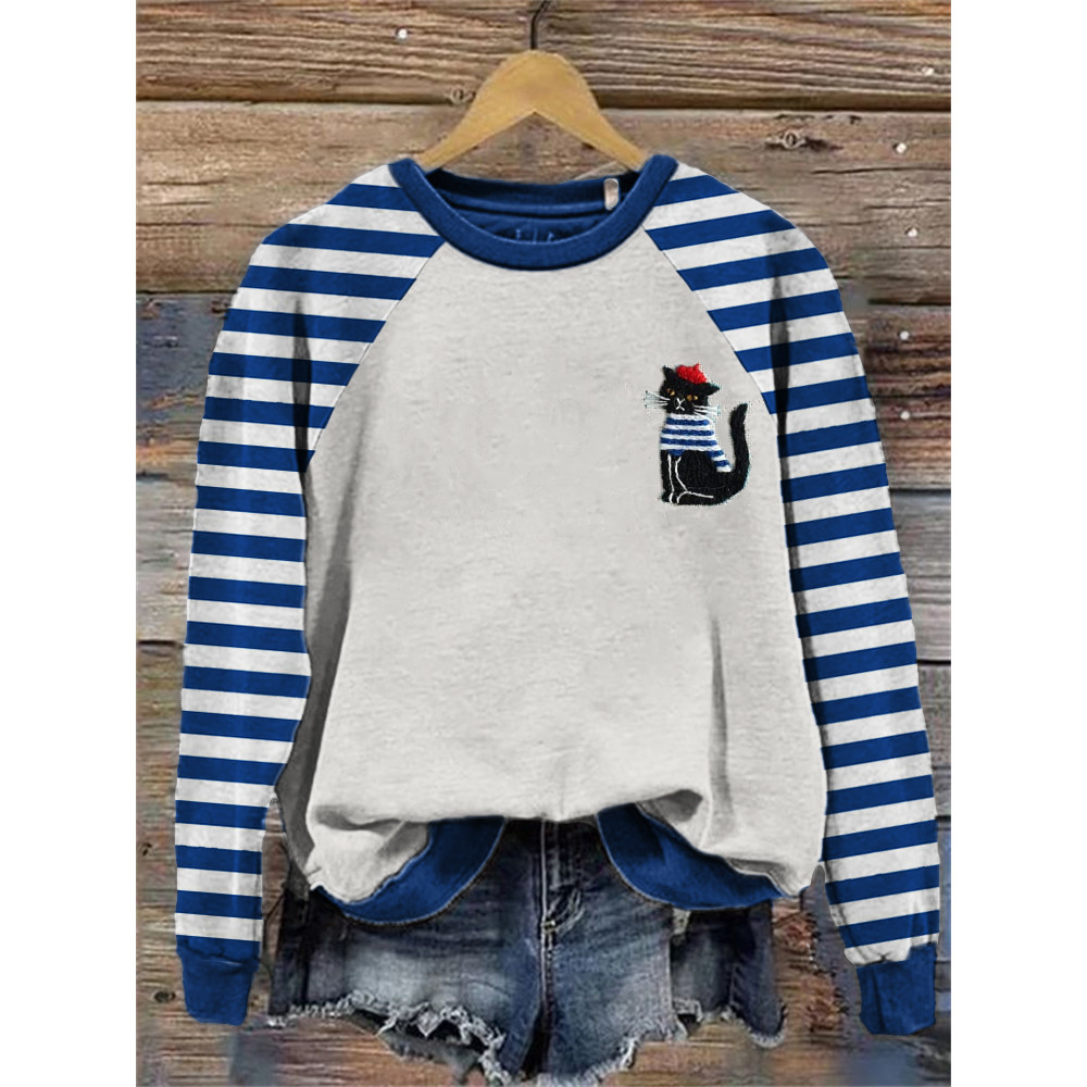 Lovely Black Cat Sailor Embroidery Art Raglan Sweatshirt