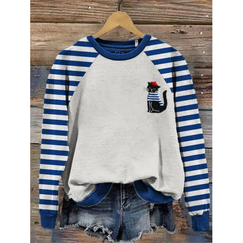 Lovely Black Cat Sailor Embroidery Art Raglan Sweatshirt