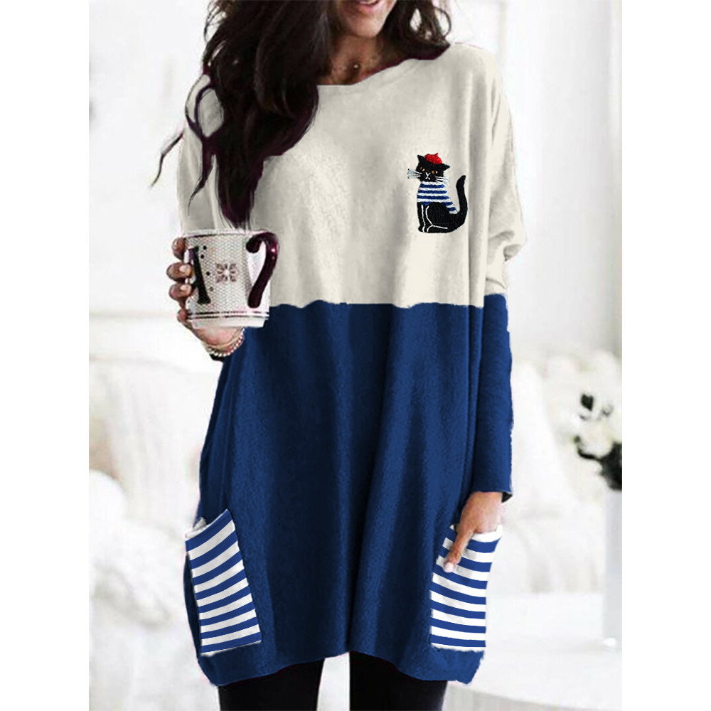Lovely Black Cat Sailor Embroidery Art Tunic