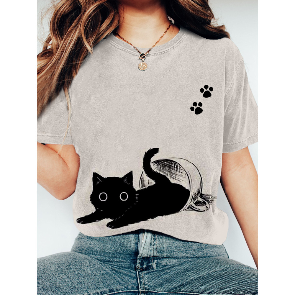 Lovely Black Cat & Paws Graphic Vintage T Shirt