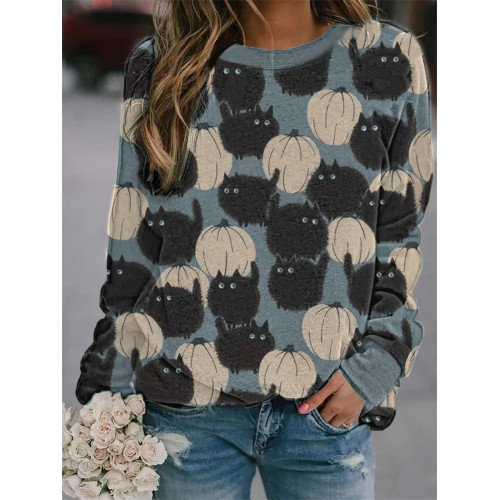 Lovely Black Cat & Pumpkin Graphic Sweatshirt