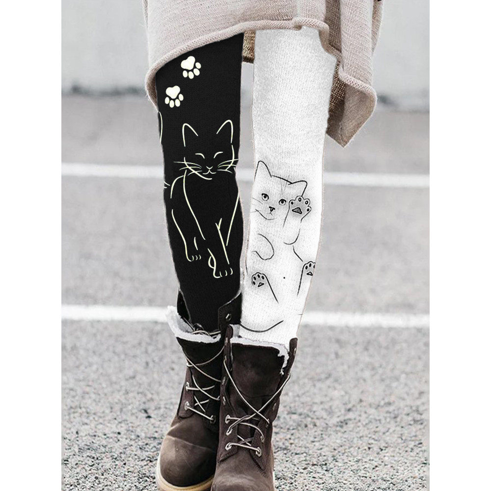 Lovely Black & White Cats Contrast Color Leggings