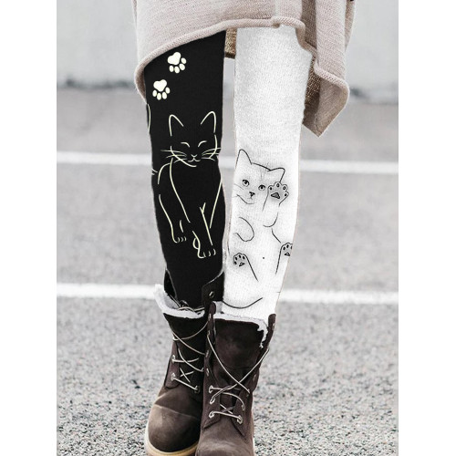 Lovely Black & White Cats Contrast Color Leggings