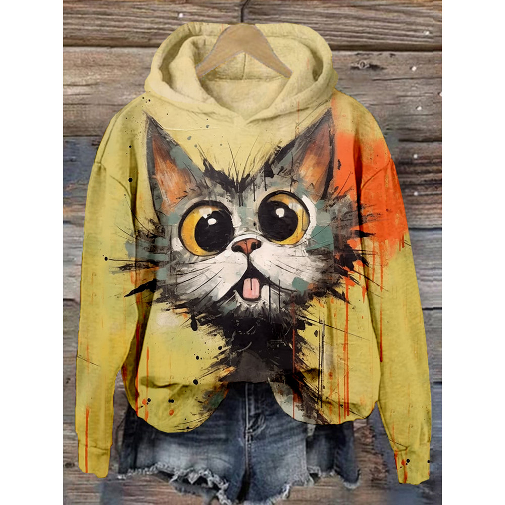 Lovely Cat Art Pattern Print Comfy Hoodie