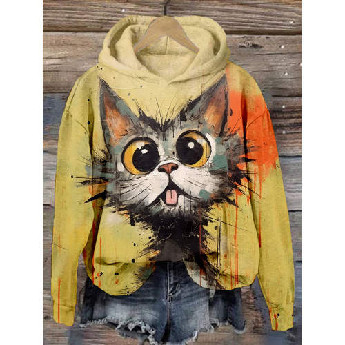 Lovely Cat Art Pattern Print Comfy Hoodie