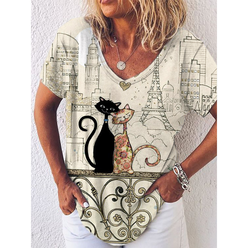 Lovely Cat Art Print V Neck Short Sleeve T Shirt