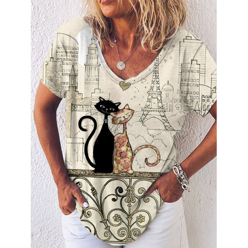 Lovely Cat Art Print V Neck Short Sleeve T Shirt