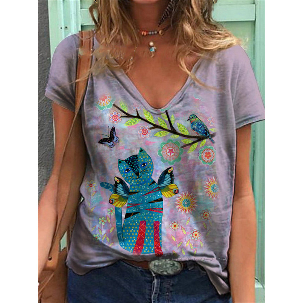 Lovely Cat Art V Neck T Shirt