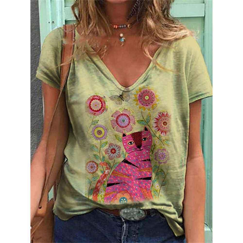 Lovely Cat Art V Neck T Shirt