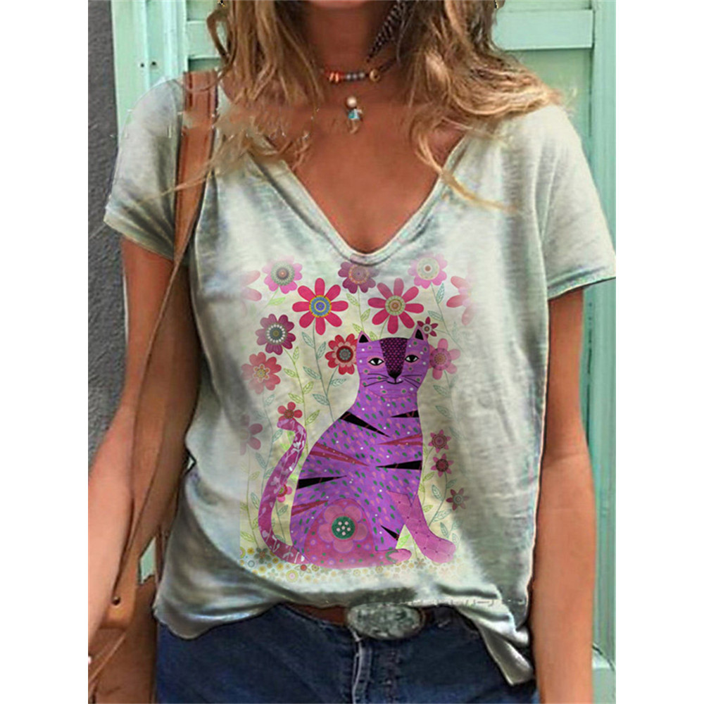 Lovely Cat Art V Neck T Shirt