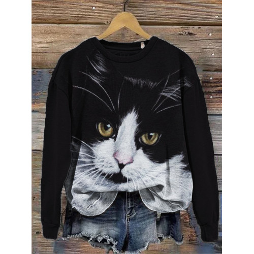 Lovely Cat Black & White Contrast Color Sweatshirt