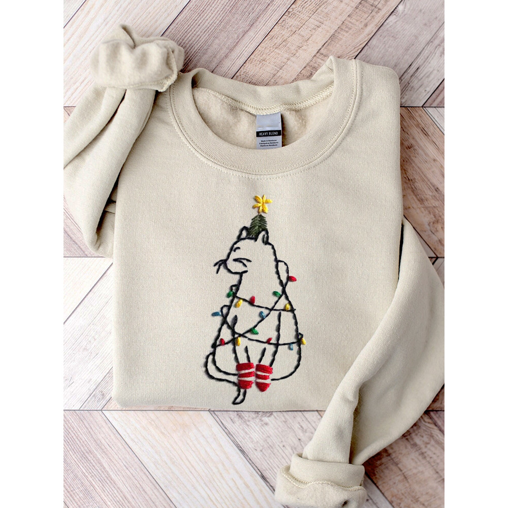 Lovely Cat Christmas Tree Embroidery Art Sweatshirt