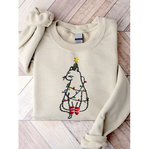 Lovely Cat Christmas Tree Embroidery Art Sweatshirt