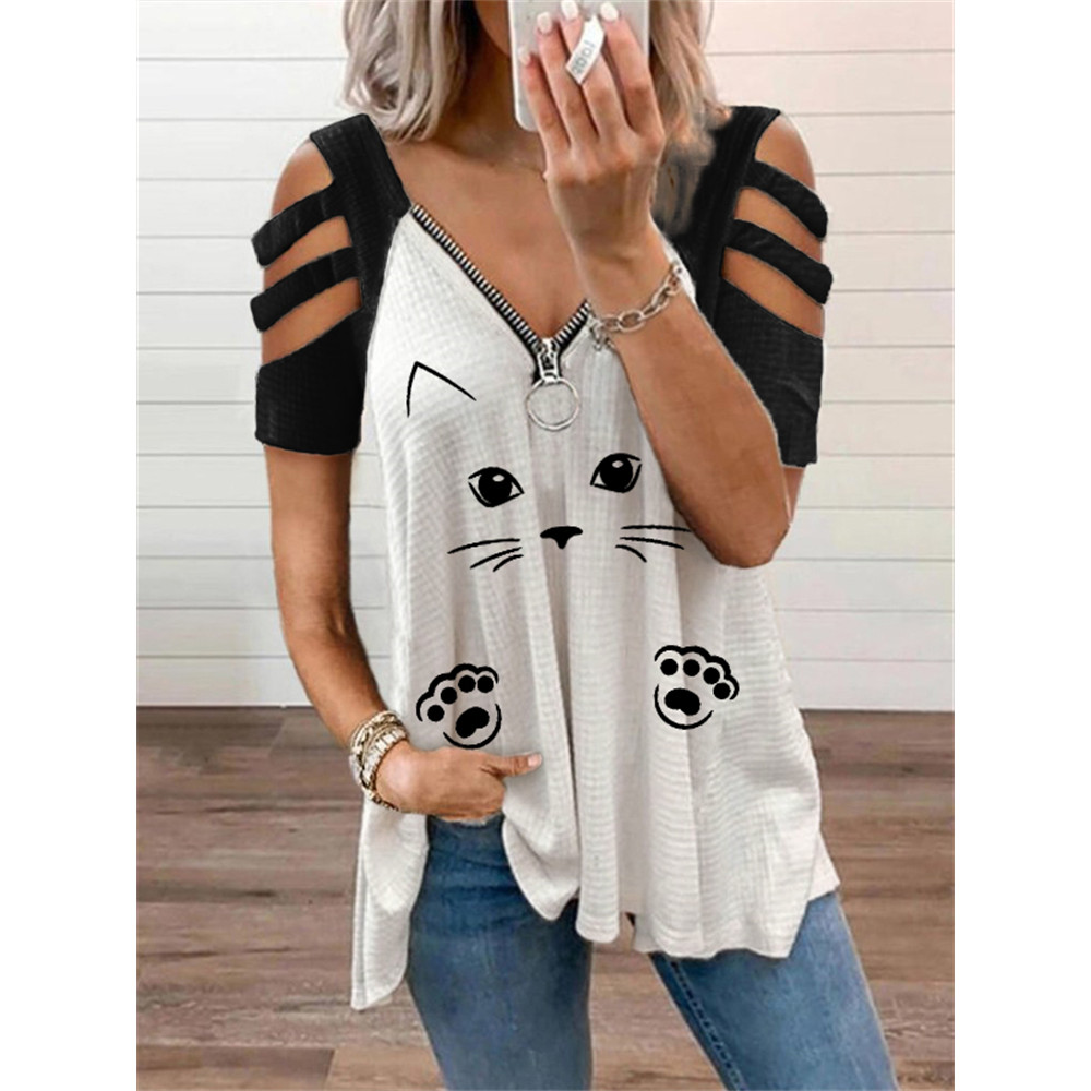 Lovely Cat Contrast Color Hollow Shoulder T Shirt