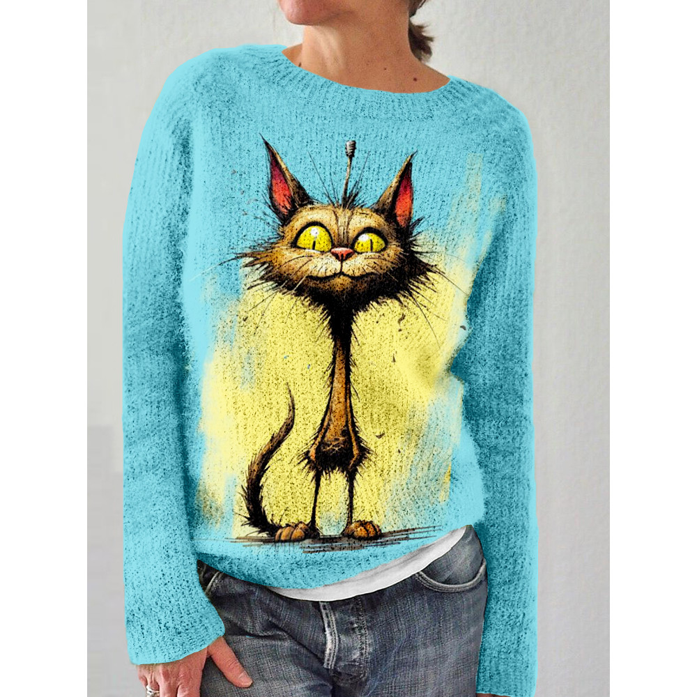 Lovely Cat Contrast Graphic Crew Neck Cozy Sweater