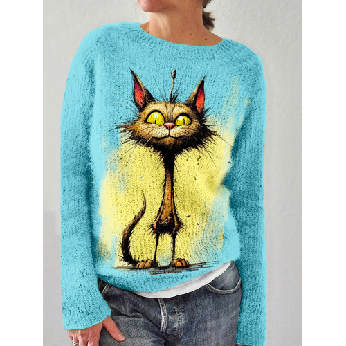 Lovely Cat Contrast Graphic Crew Neck Cozy Sweater
