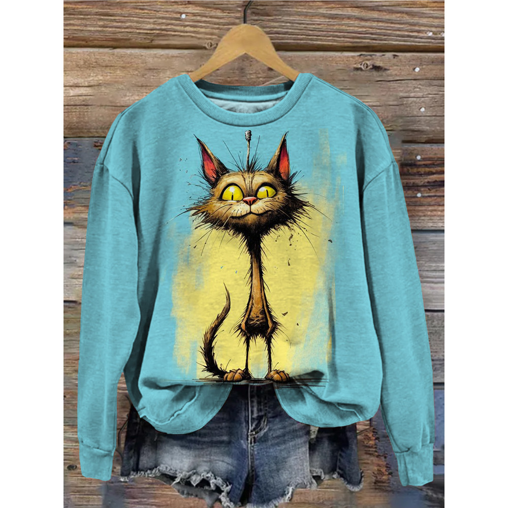 Lovely Cat Contrast Graphic Print Vintage Sweatshirt