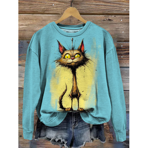 Lovely Cat Contrast Graphic Print Vintage Sweatshirt