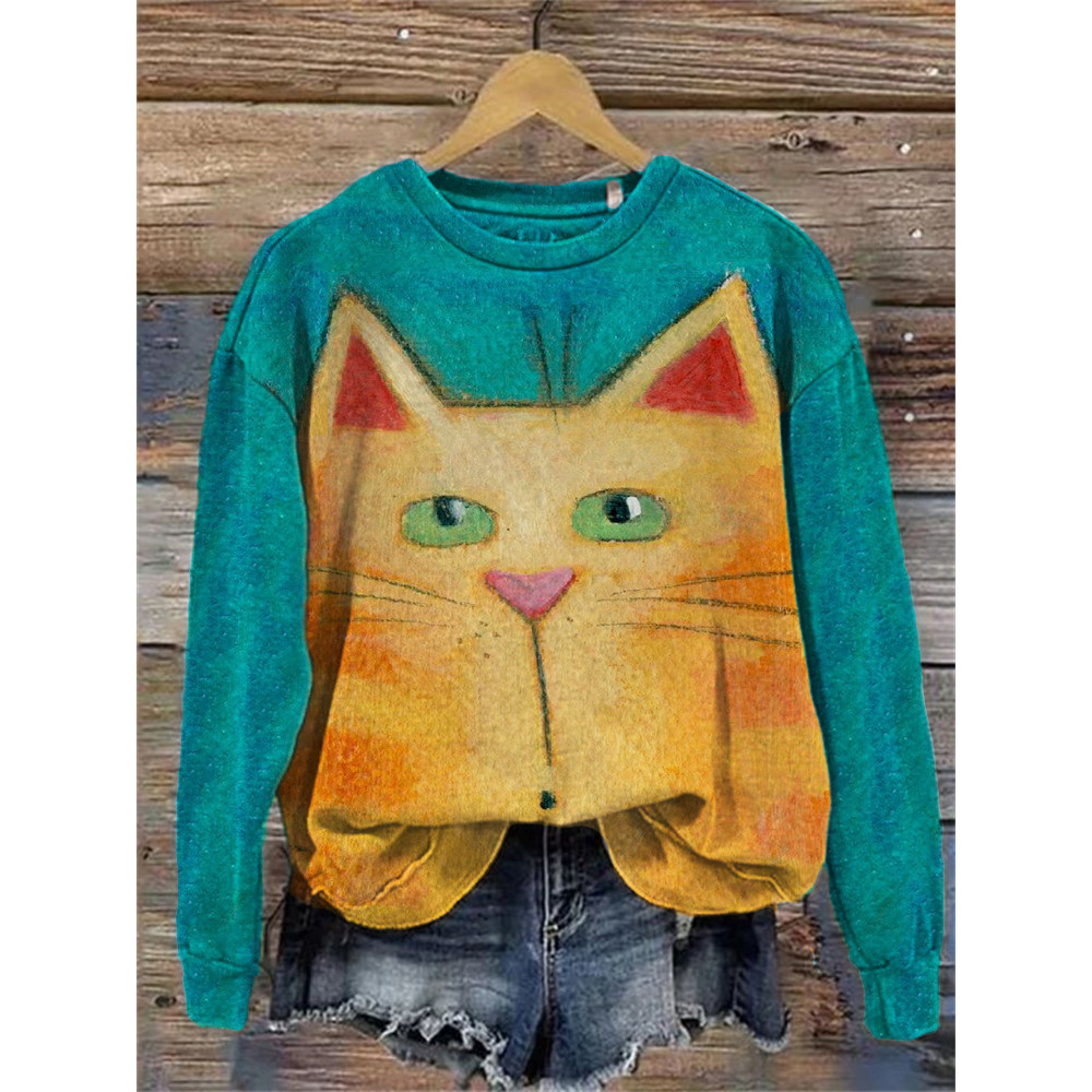 Lovely Cat Face Contrast Art Sweatshirt
