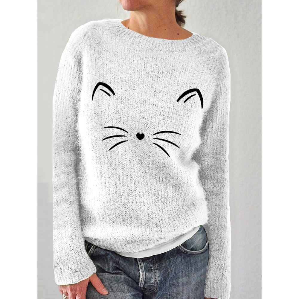 Lovely Cat Face Pattern Crew Neck Cozy Sweater