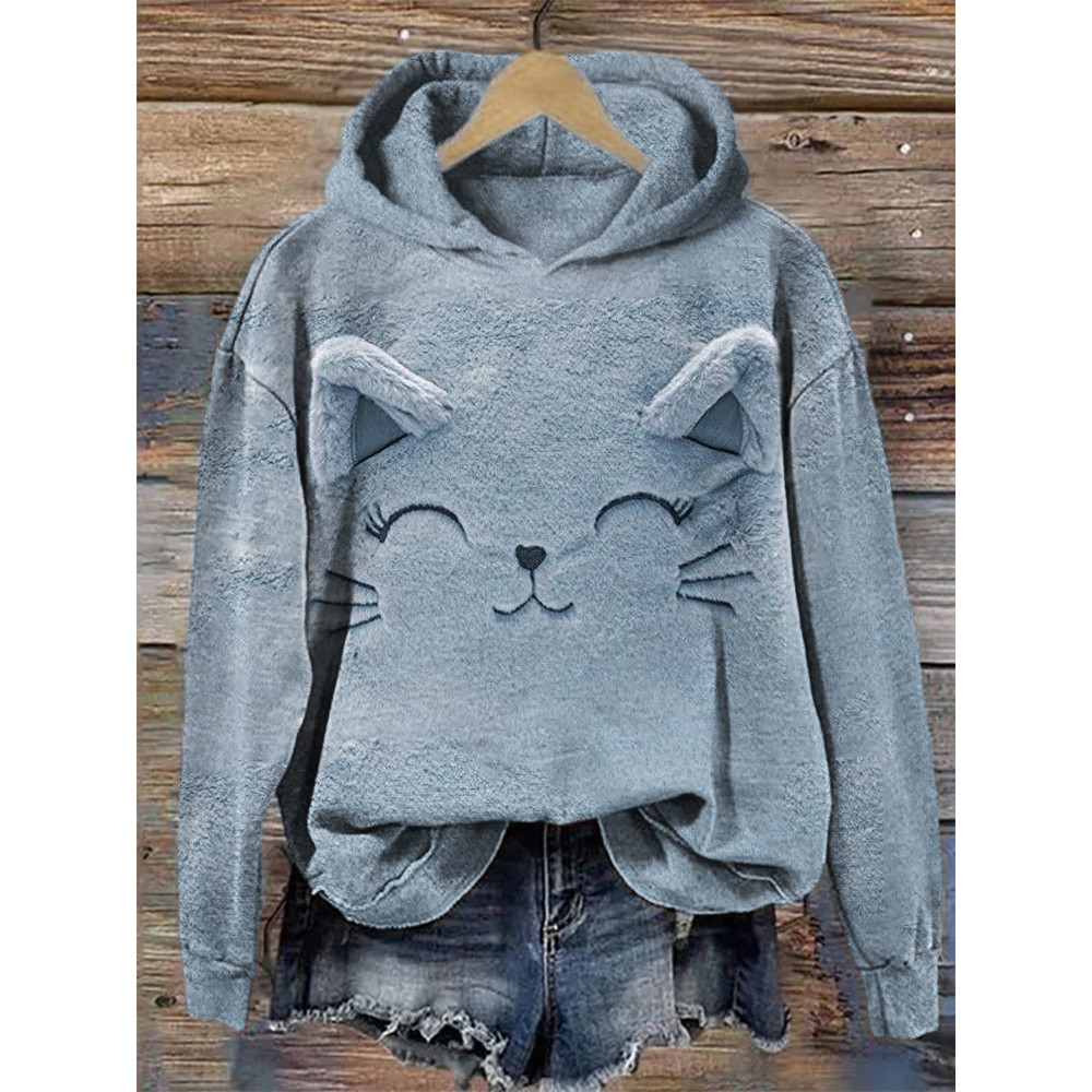 Lovely Cat Face Plush Art Cozy Hoodie