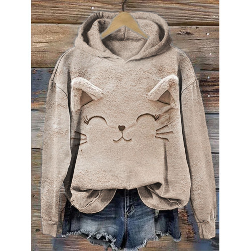 Lovely Cat Face Plush Art Cozy Hoodie
