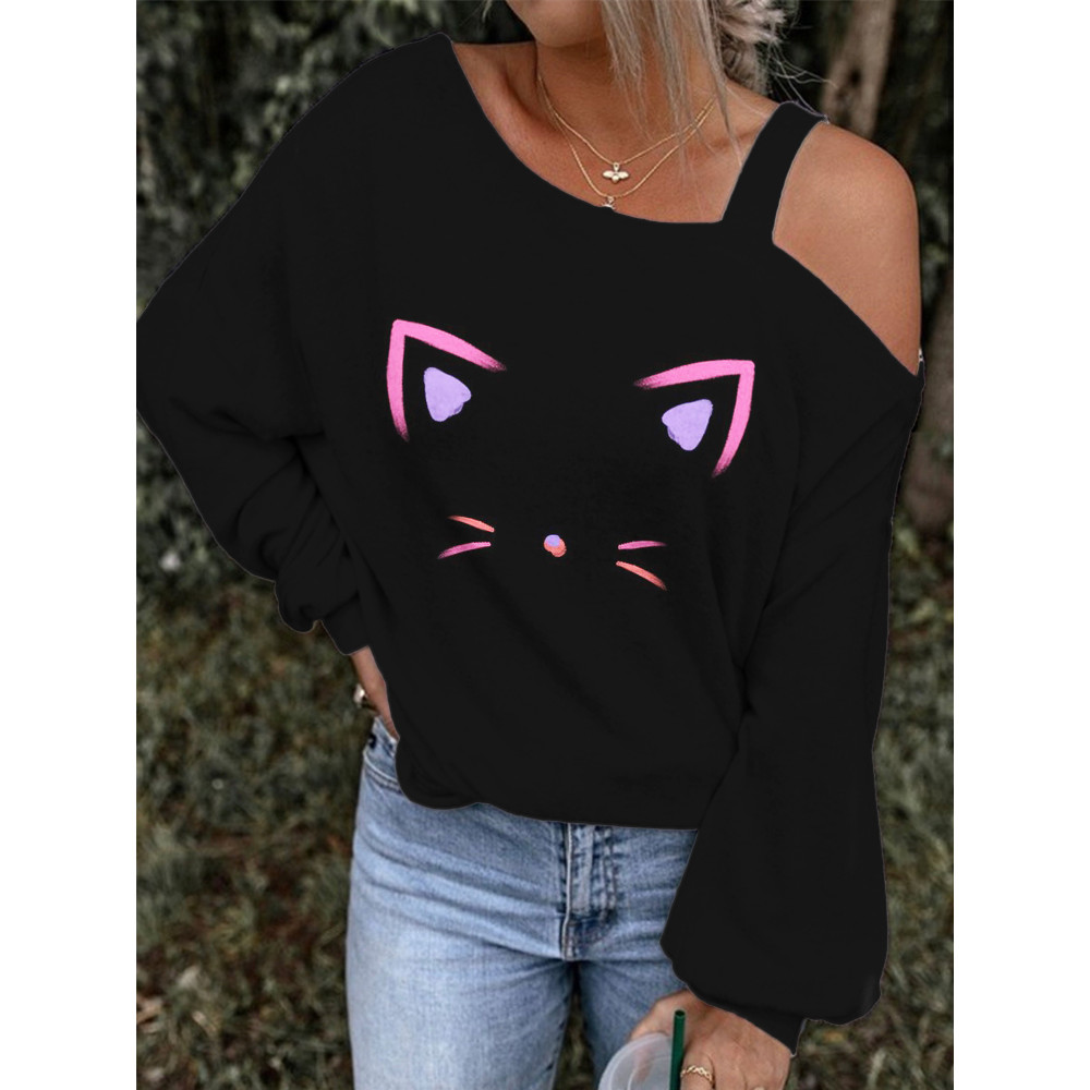 Lovely Cat Face Print One Shoulder T-Shirt