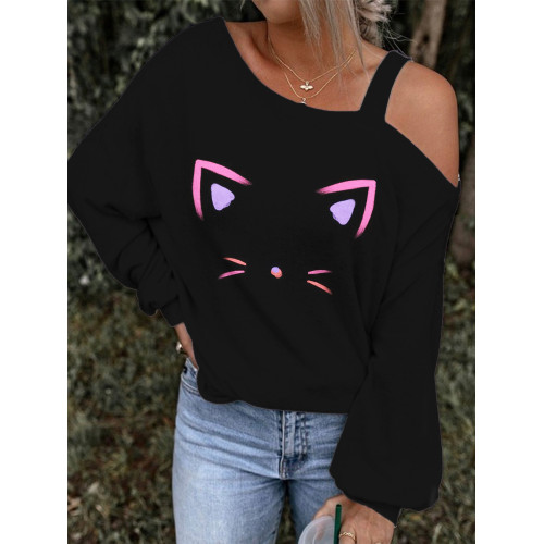 Lovely Cat Face Print One Shoulder T-Shirt
