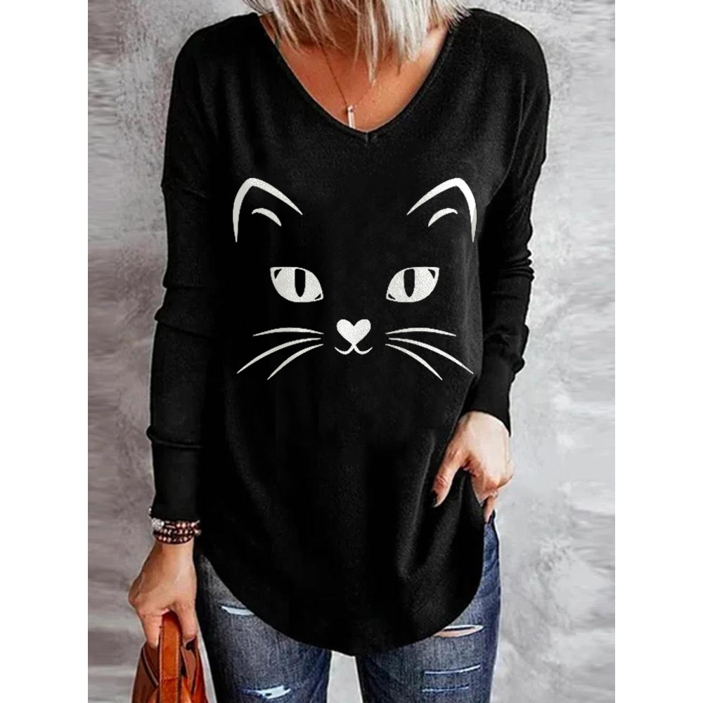 Lovely Cat Face Print V Neck Casual T-Shirt