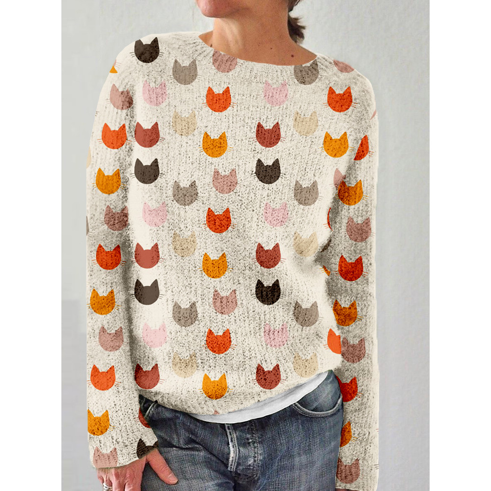 Lovely Cat Faces Graphic Comfy Knit Sweater