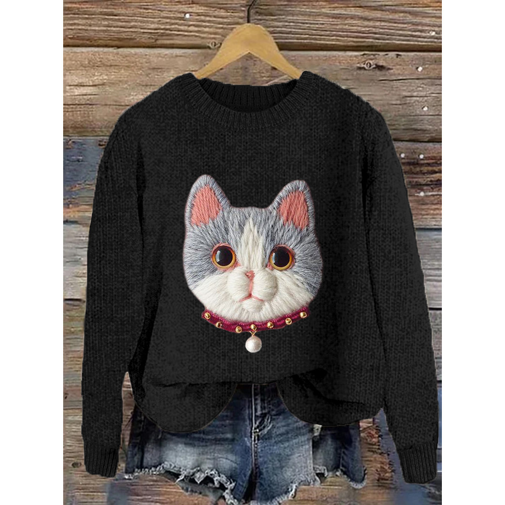 Lovely Cat  Felt Art Cozy Knit Sweater