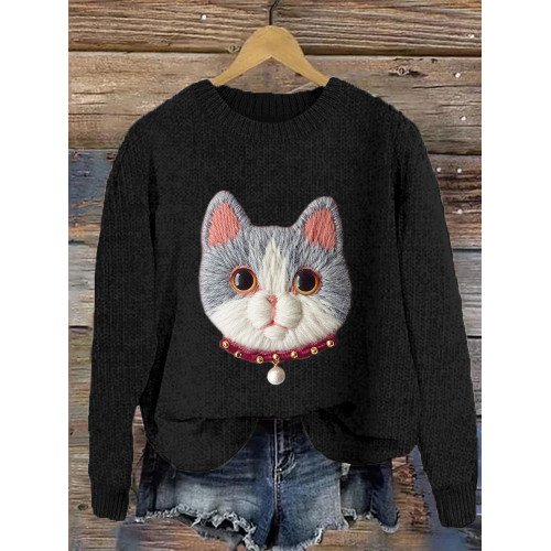 Lovely Cat  Felt Art Cozy Knit Sweater