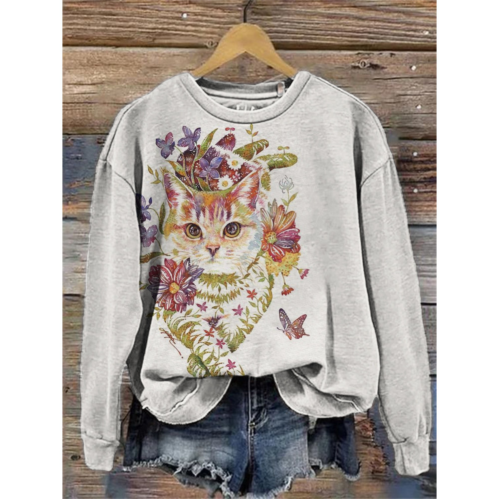 Lovely Cat Floral Art Comfy Sweatshirt