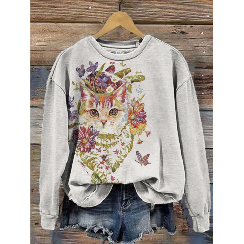 Lovely Cat Floral Art Comfy Sweatshirt