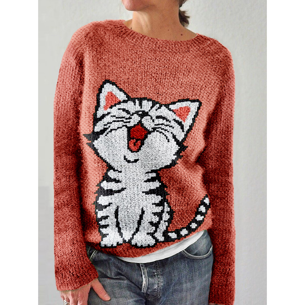 Lovely Cat Graphic Crew Neck Cozy Sweater