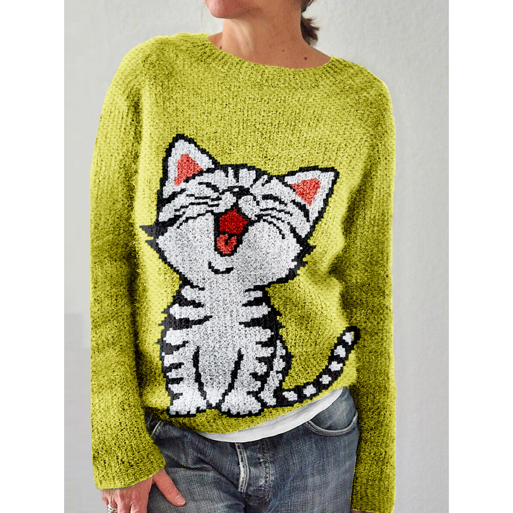 Lovely Cat Graphic Crew Neck Cozy Sweater