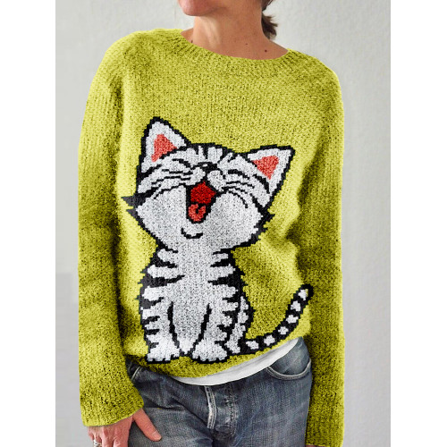 Lovely Cat Graphic Crew Neck Cozy Sweater