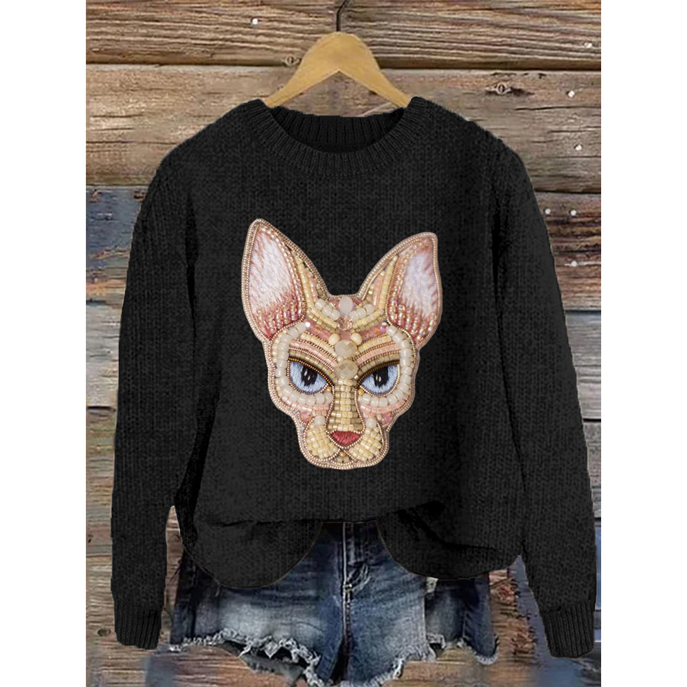 Lovely Cat  Jewelry Art Cozy Knit Sweater