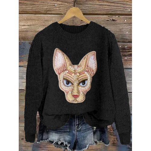 Lovely Cat  Jewelry Art Cozy Knit Sweater