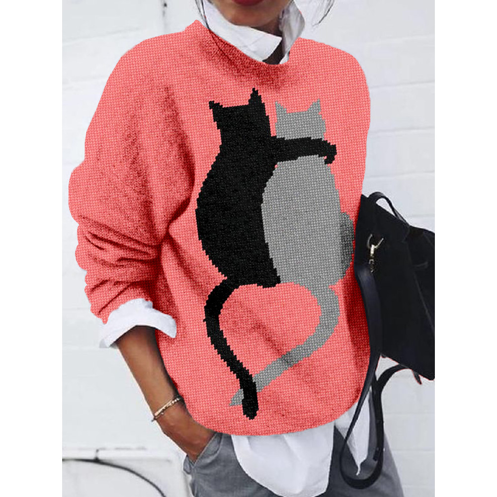 Lovely Cat Pals Knit Art Crew Neck Cozy Sweater