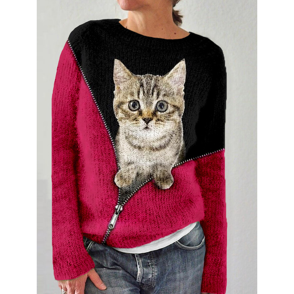 Lovely Cat  Pattern Contrast Cozy Sweater