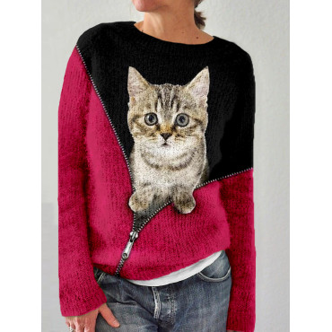 Lovely Cat  Pattern Contrast Cozy Sweater