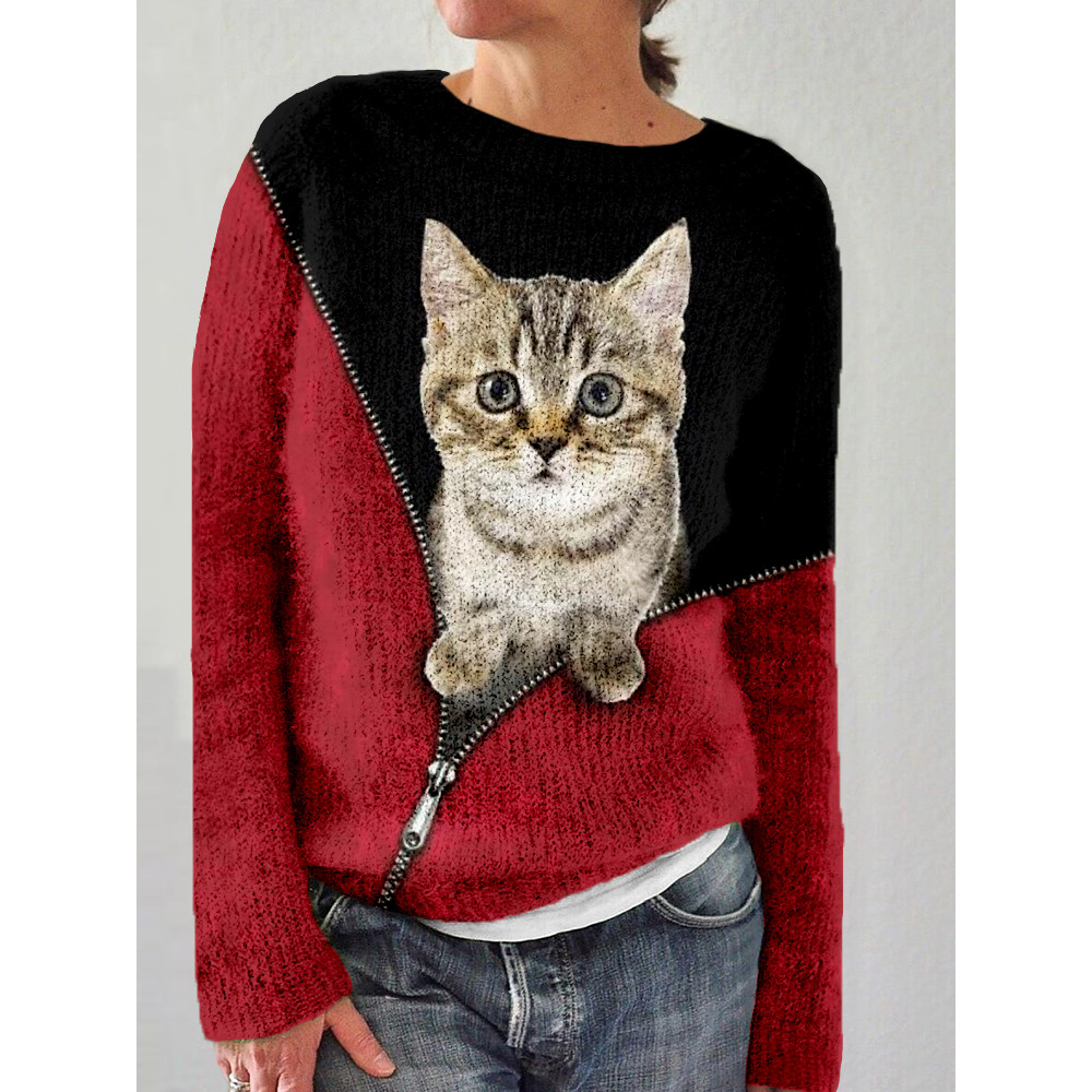 Lovely Cat  Pattern Contrast Cozy Sweater