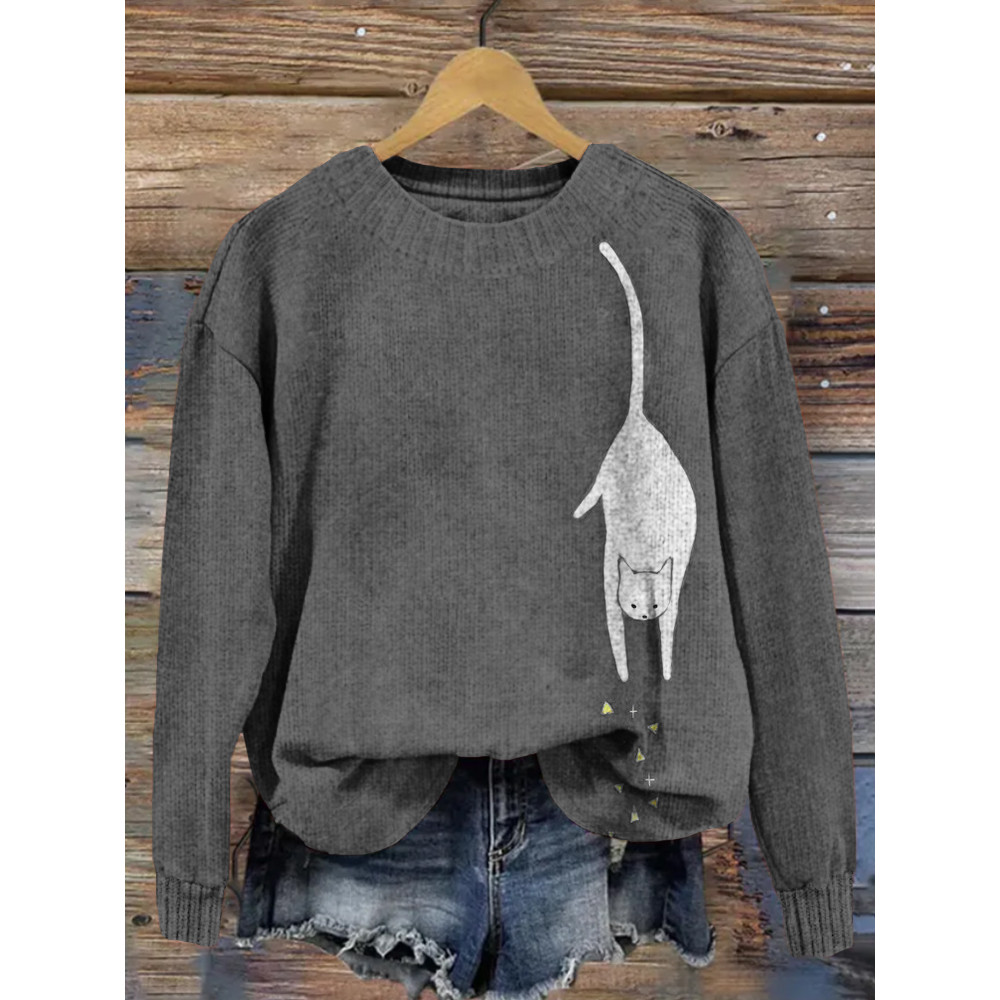 Lovely Cat Pattern Crew Neck Cozy Sweater