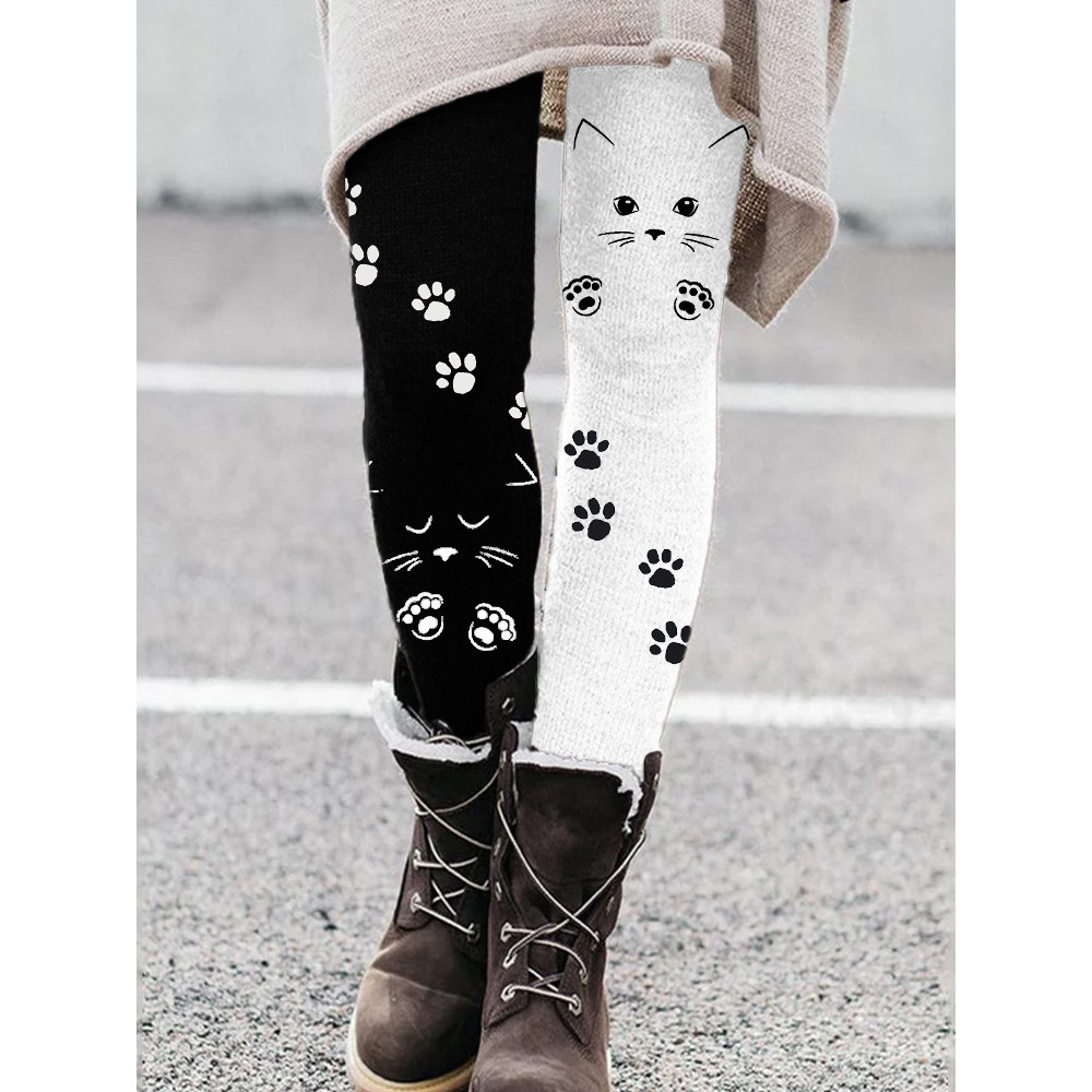 Lovely Cat Paw Prints Contrast Color Stretch Leggings